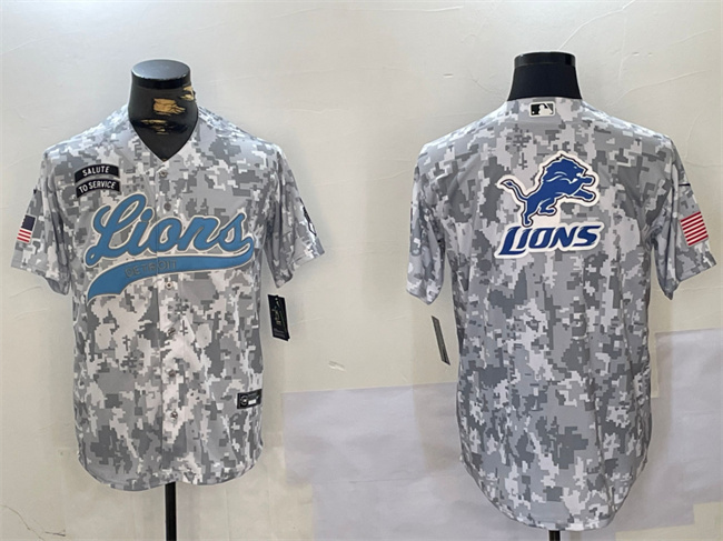 Men's Detroit Lions Team Big Logo 2024 Arctic Camo Salute To Service Stitched Baseball Jersey Men's Detroit Lions Team Big Logo 2024 Arctic Camo Salute To Service Stitched Baseball Jersey