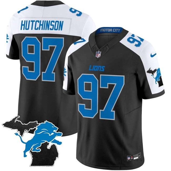 Men's Detroit Lions #97 Aidan Hutchinson Black White F.U.S.E. 2024 Michigan Patch Vapor Limited Stitched Jersey Men's Detroit Lions #97 Aidan Hutchinson Black White F.U.S.E. 2024 Michigan Patch Vapor Limited Stitched Jersey