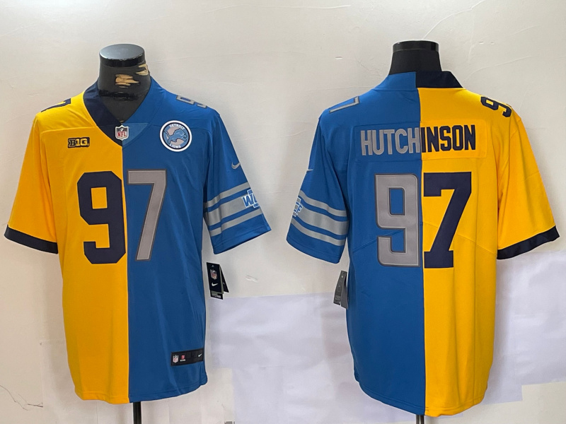 Men's Detroit Lions #97 Aidan Hutchinson Yellow Blue Split Vapor Limited Stitched Jersey 1 Men's Detroit Lions #97 Aidan Hutchinson Yellow Blue Split Vapor Limited Stitched Jersey 1