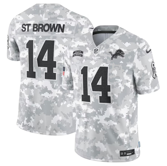 Men's Detroit Lions #14 Amon-Ra St. Brown 2024 Arctic Camo Salute To Service Limited Stitched Football Jersey Men's Detroit Lions #14 Amon-Ra St. Brown 2024 Arctic Camo Salute To Service Limited Stitched Football Jersey