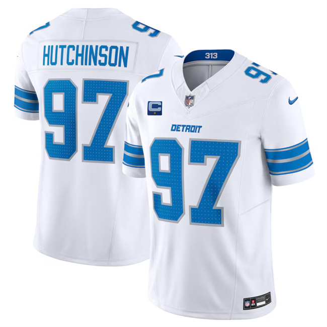 Men's Detroit Lions #97 Aidan Hutchinson White 2024 F.U.S.E. With 1-Star C Patch Vapor Untouchable Limited Stitched Jersey Men's Detroit Lions #97 Aidan Hutchinson White 2024 F.U.S.E. With 1-Star C Patch Vapor Untouchable Limited Stitched Jersey