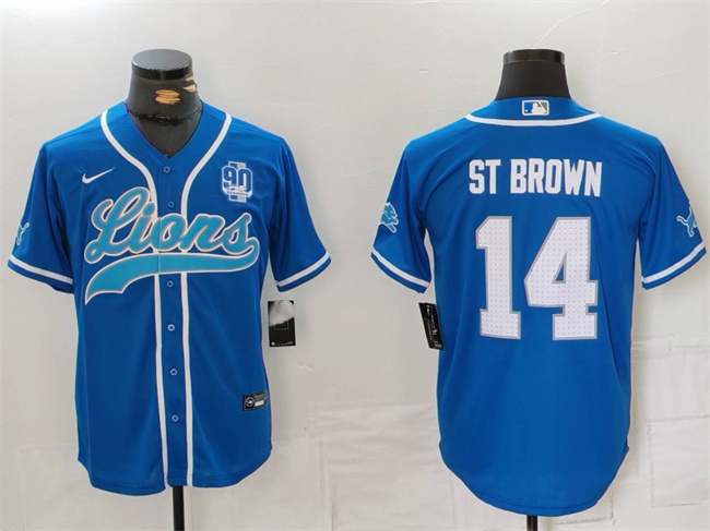 Men's Detroit Lions #14 Amon-Ra St. Brown Blue With 90th Anniversary Patch Cool Base Stitched Baseball Jersey Men's Detroit Lions #14 Amon-Ra St. Brown Blue With 90th Anniversary Patch Cool Base Stitched Baseball Jersey