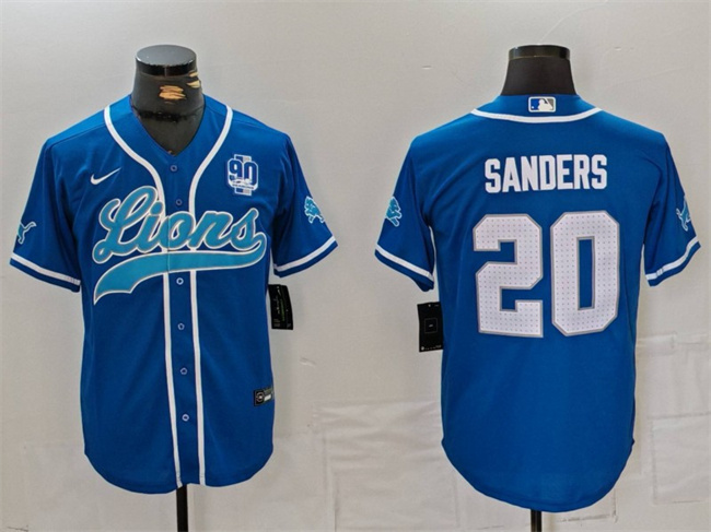 Men's Detroit Lions #20 Barry Sanders Blue With 90th Anniversary Patch Cool Base Stitched Baseball Jersey Men's Detroit Lions #20 Barry Sanders Blue With 90th Anniversary Patch Cool Base Stitched Baseball Jersey