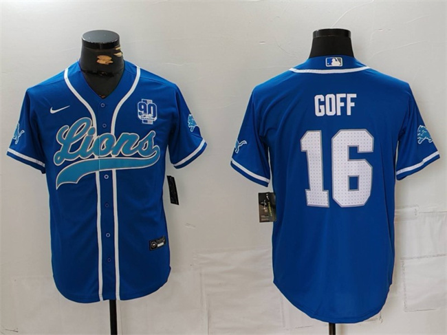 Men's Detroit Lions #16 Jared Goff Blue With 90th Anniversary Patch Cool Base Stitched Baseball Jersey Men's Detroit Lions #16 Jared Goff Blue With 90th Anniversary Patch Cool Base Stitched Baseball Jersey