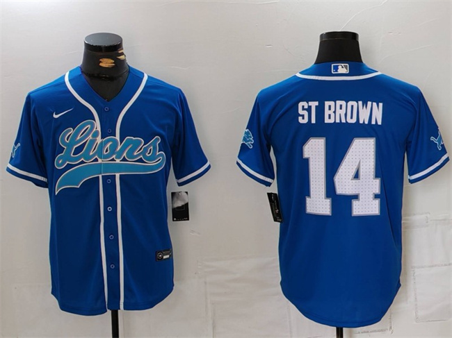 Men's Detroit Lions #14 Amon-Ra St. Brown Blue Cool Base Stitched Baseball Jersey Men's Detroit Lions #14 Amon-Ra St. Brown Blue Cool Base Stitched Baseball Jersey