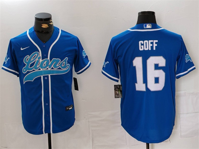 Men's Detroit Lions #16 Jared Goff Blue Cool Base Stitched Baseball Jersey Men's Detroit Lions #16 Jared Goff Blue Cool Base Stitched Baseball Jersey