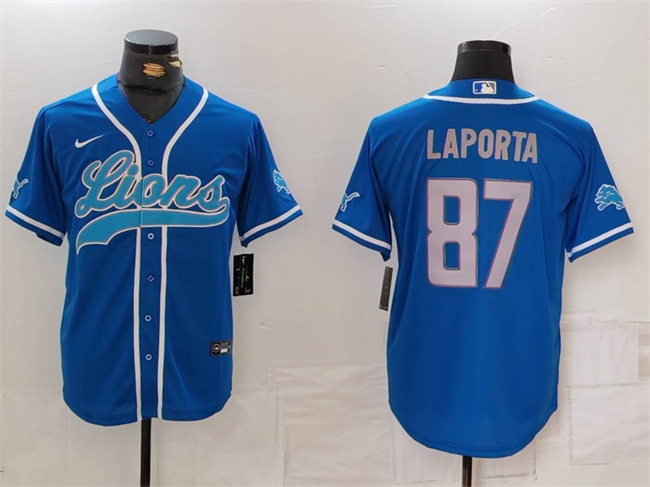 Men's Detroit Lions #87 Sam LaPorta Blue Cool Base Stitched Baseball Jersey Men's Detroit Lions #87 Sam LaPorta Blue Cool Base Stitched Baseball Jersey