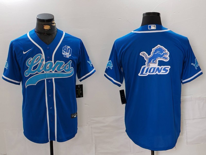 Men's Detroit Lions Team Big Logo Blue With 90th Anniversary Patch Cool Base Stitched Baseball Jersey Men's Detroit Lions Team Big Logo Blue With 90th Anniversary Patch Cool Base Stitched Baseball Jersey
