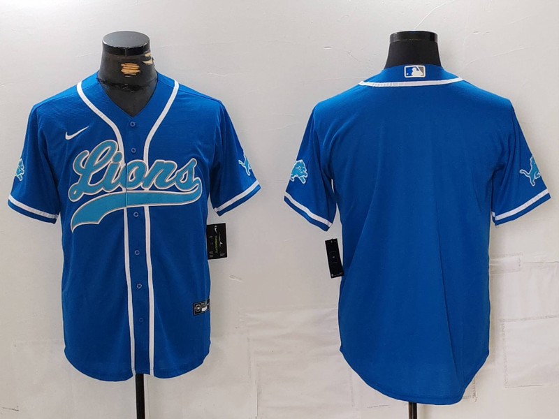 Men's Detroit Lions Blank Blue Cool Base Stitched Baseball Jersey Men's Detroit Lions Blank Blue Cool Base Stitched Baseball Jersey