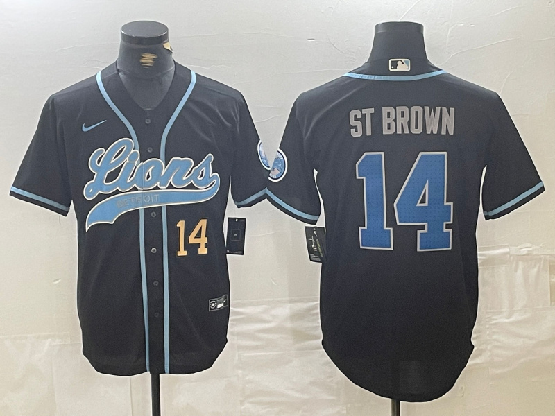Men's Detroit Lions #14 Amon-Ra St. Brown Black Cool Base Stitched Baseball Jersey 2 Men's Detroit Lions #14 Amon-Ra St. Brown Black Cool Base Stitched Baseball Jersey 2