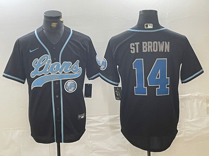 Men's Detroit Lions #14 Amon-Ra St. Brown Black Cool Base Stitched Baseball Jersey 1 Men's Detroit Lions #14 Amon-Ra St. Brown Black Cool Base Stitched Baseball Jersey 1