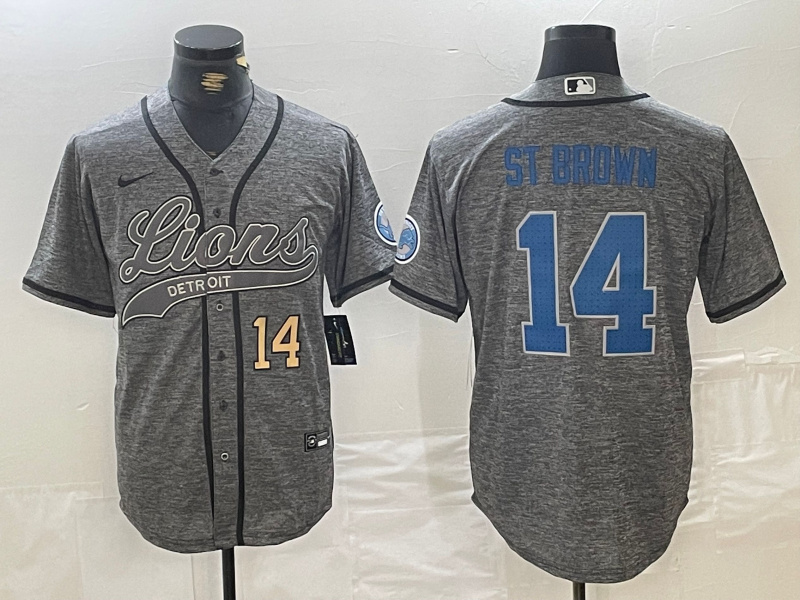 Men's Detroit Lions #14 Amon-Ra St. Brown Grey Cool Base Stitched Baseball Jersey 6 Men's Detroit Lions #14 Amon-Ra St. Brown Grey Cool Base Stitched Baseball Jersey 6