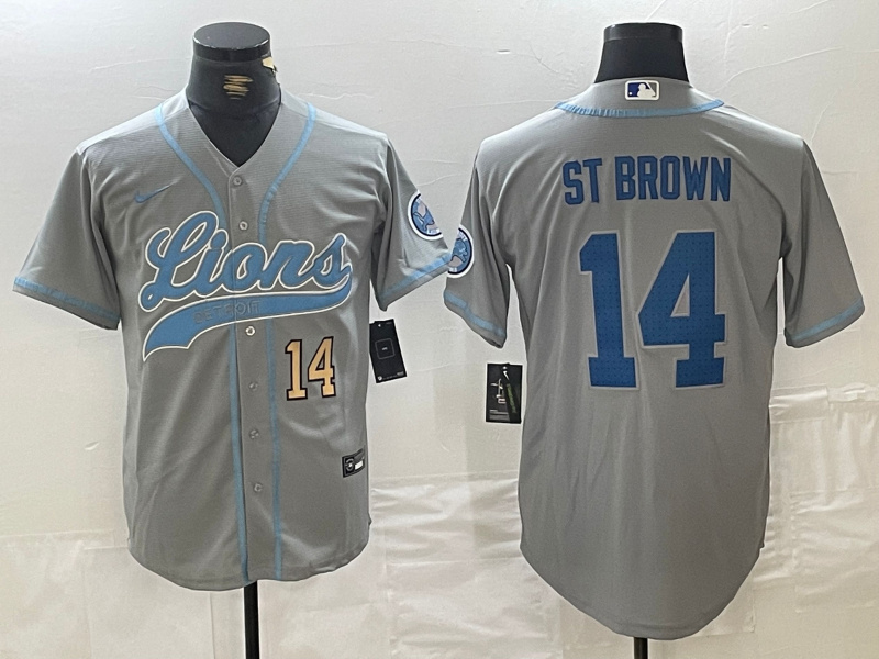 Men's Detroit Lions #14 Amon-Ra St. Brown Grey Cool Base Stitched Baseball Jersey 2 Men's Detroit Lions #14 Amon-Ra St. Brown Grey Cool Base Stitched Baseball Jersey 2