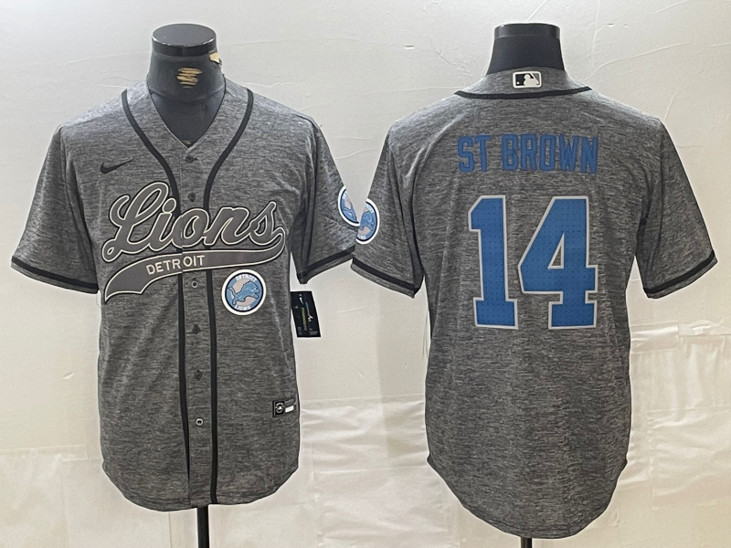 Men's Detroit Lions #14 Amon-Ra St. Brown Grey Cool Base Stitched Baseball Jersey 1 Men's Detroit Lions #14 Amon-Ra St. Brown Grey Cool Base Stitched Baseball Jersey 1