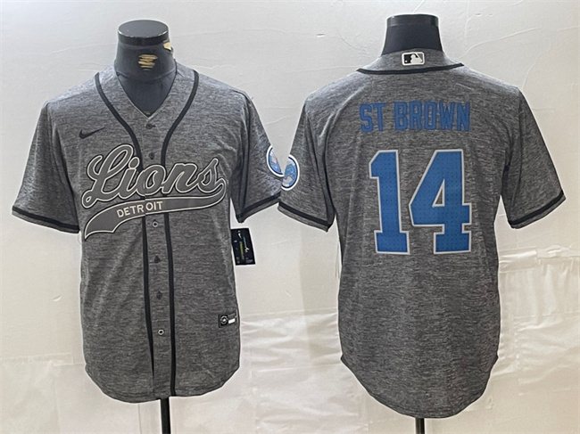 Men's Detroit Lions #14 Amon-Ra St. Brown Grey Cool Base Stitched Baseball Jerseys Men's Detroit Lions #14 Amon-Ra St. Brown Grey Cool Base Stitched Baseball Jerseys
