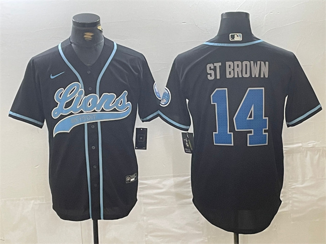 Men's Detroit Lions #14 Amon-Ra St. Brown Black Cool Base Stitched Baseball Jersey Men's Detroit Lions #14 Amon-Ra St. Brown Black Cool Base Stitched Baseball Jersey