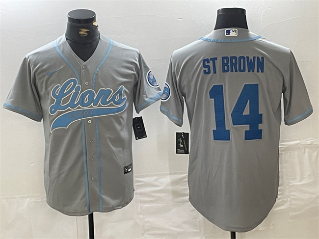 Men's Detroit Lions #14 Amon-Ra St. Brown Grey Cool Base Stitched Baseball Jersey Men's Detroit Lions #14 Amon-Ra St. Brown Grey Cool Base Stitched Baseball Jersey