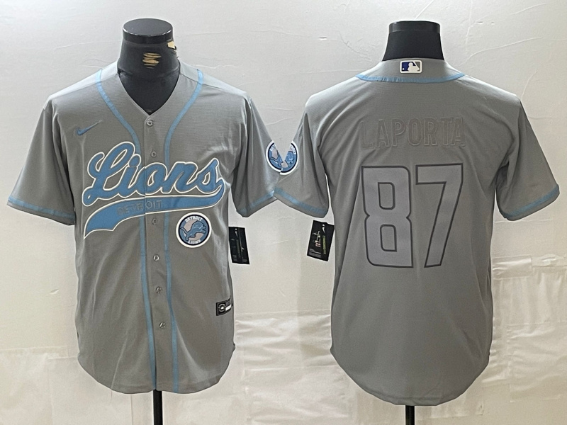 Men's Detroit Lions #87 Sam LaPorta Grey Cool Base Stitched Baseball Jersey 1 Men's Detroit Lions #87 Sam LaPorta Grey Cool Base Stitched Baseball Jersey 1