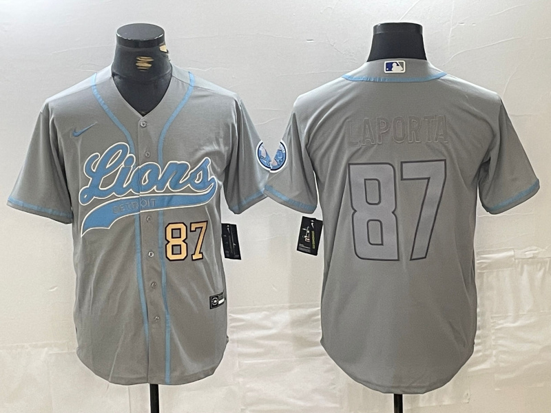 Men's Detroit Lions #87 Sam LaPorta Grey Cool Base Stitched Baseball Jersey Men's Detroit Lions #87 Sam LaPorta Grey Cool Base Stitched Baseball Jersey