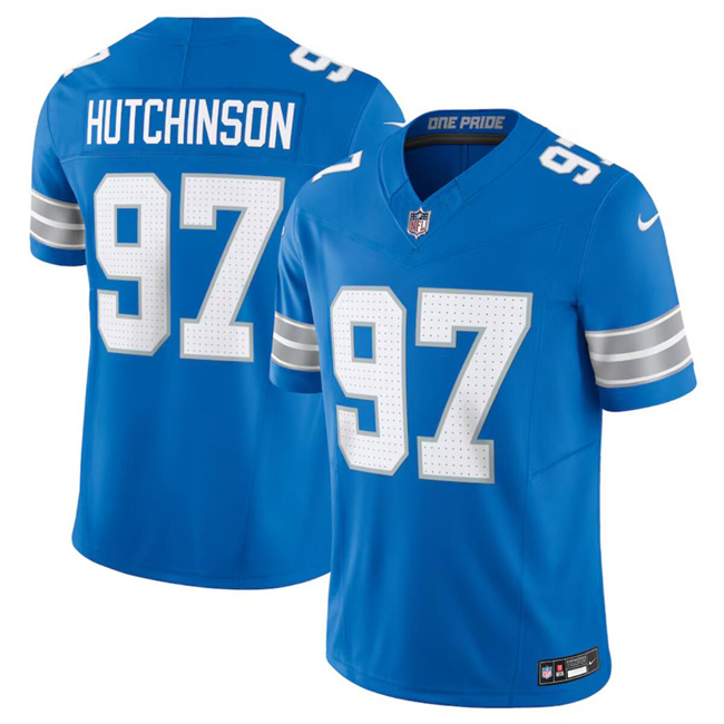 Men's Detroit Lions #97 Aidan Hutchinson Blue 2024 F.U.S.E. Vapor Limited Stitched Jersey Men's Detroit Lions #97 Aidan Hutchinson Blue 2024 F.U.S.E. Vapor Limited Stitched Jersey