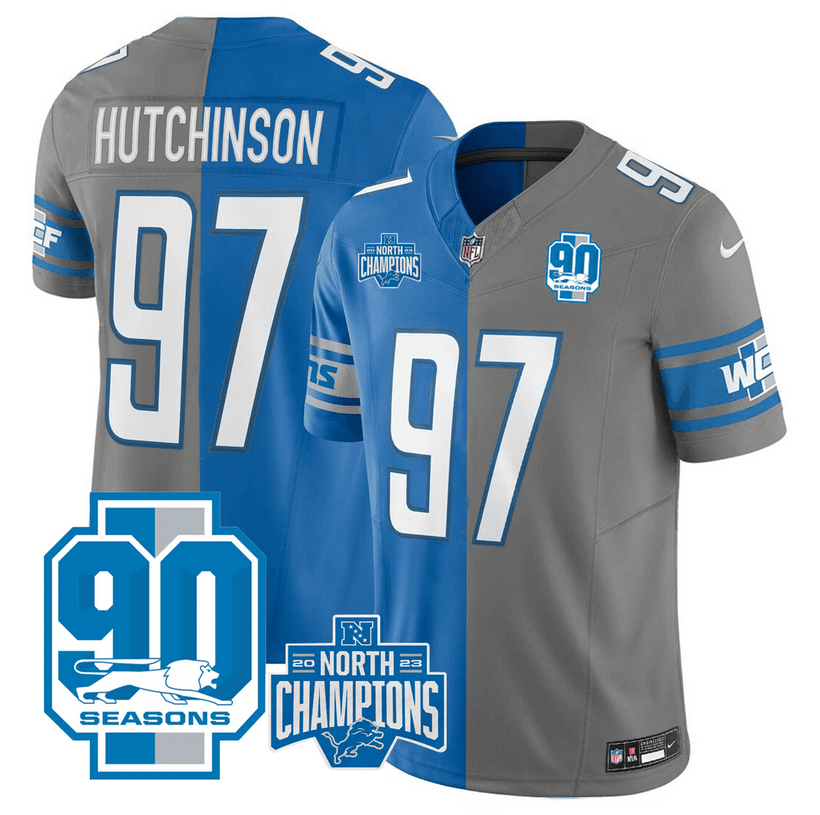 Men's Detroit Lions #97 Aidan Hutchinson Blue Grey Split 2023 F.U.S.E. 90th Anniversary NFC North Division Champions Vapor Untouchable Limited Stitched Jersey Men's Detroit Lions #97 Aidan Hutchinson Blue Grey Split 2023 F.U.S.E. 90th Anniversary NFC North Division Champions Vapor Untouchable Limited Stitched Jersey