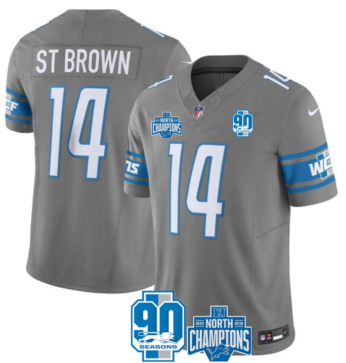 Men's Detroit Lions #14 Amon-Ra St. Brown Grey 2023 F.U.S.E. 90th Anniversary NFC North Division Champions Vapor Untouchable Limited Stitched Jersey Men's Detroit Lions #14 Amon-Ra St. Brown Grey 2023 F.U.S.E. 90th Anniversary NFC North Division Champions Vapor Untouchable Limited Stitched Jersey