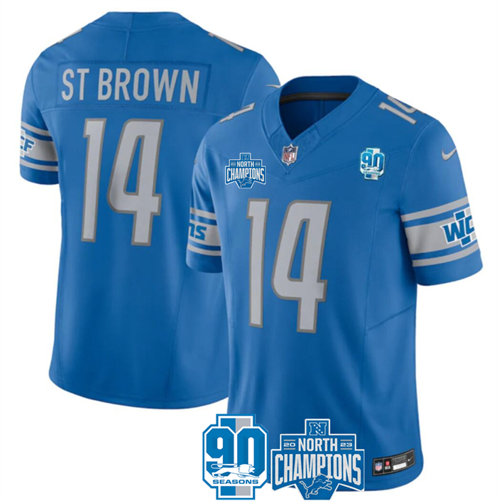 Men's Detroit Lions #14 Amon-Ra St. Brown Blue 2023 F.U.S.E. NFC North Division Champions Vapor Untouchable Limited Stitched Jersey Men's Detroit Lions #14 Amon-Ra St. Brown Blue 2023 F.U.S.E. NFC North Division Champions Vapor Untouchable Limited Stitched Jersey