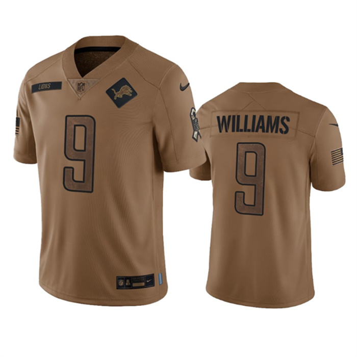 Men's Detroit Lions #9 Jameson Williams 2023 Brown Salute To Service Limited Stitched Jersey Men's Detroit Lions #9 Jameson Williams 2023 Brown Salute To Service Limited Stitched Jersey