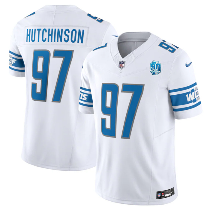 Men's Detroit Lions #97 Aidan Hutchinson White 2023 F.U.S.E. 90th Anniversary Vapor Untouchable Limited Stitched Jersey Men's Detroit Lions #97 Aidan Hutchinson White 2023 F.U.S.E. 90th Anniversary Vapor Untouchable Limited Stitched Jersey