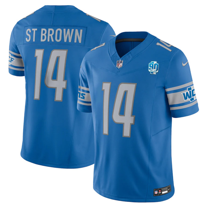 Men's Detroit Lions #14 Amon-Ra St. Brown Blue 2023 F.U.S.E. 90th Anniversary Vapor Untouchable Limited Stitched Jersey Men's Detroit Lions #14 Amon-Ra St. Brown Blue 2023 F.U.S.E. 90th Anniversary Vapor Untouchable Limited Stitched Jersey
