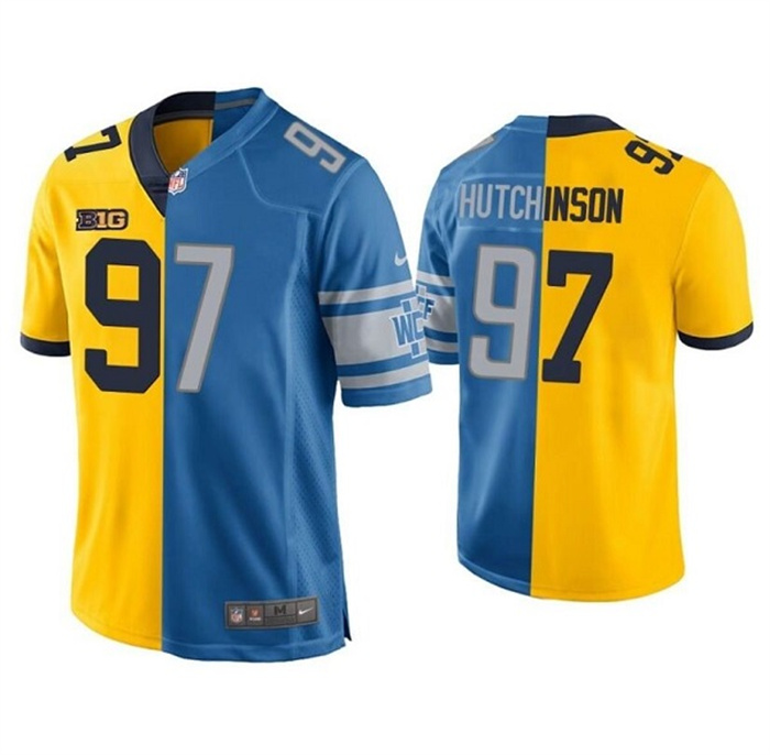 Men's Detroit Lions #97 Aidan Hutchinson Yellow Blue Split Stitched Game Jersey Men's Detroit Lions #97 Aidan Hutchinson Yellow Blue Split Stitched Game Jersey
