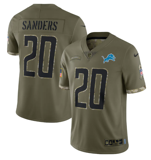 Men's Detroit Lions #20 Barry Sanders Olive 2022 Salute To Service Limited Stitched Jersey Men's Detroit Lions #20 Barry Sanders Olive 2022 Salute To Service Limited Stitched Jersey