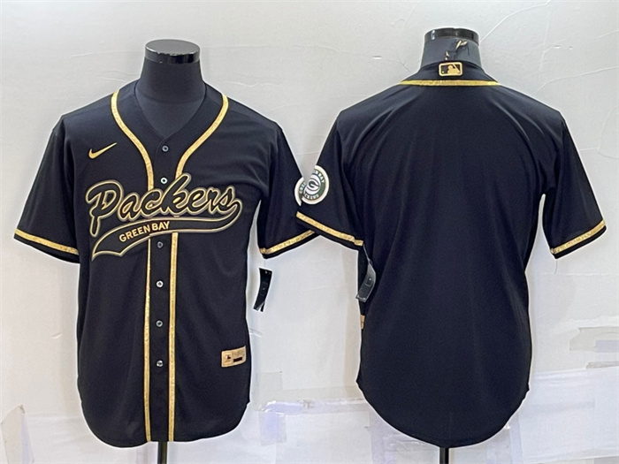 Men's Green Bay Packers Blank Black Gold With Patch Cool Base Stitched Baseball Jersey Men's Green Bay Packers Blank Black Gold With Patch Cool Base Stitched Baseball Jersey
