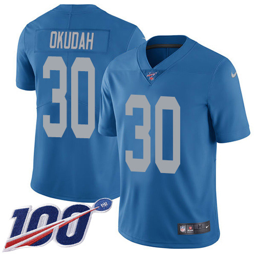 Nike Lions #30 Jeff Okudah Blue Throwback Men's Stitched NFL 100th Season Vapor Untouchable Limited Jersey Nike Lions #30 Jeff Okudah Blue Throwback Men's Stitched NFL 100th Season Vapor Untouchable Limited Jersey
