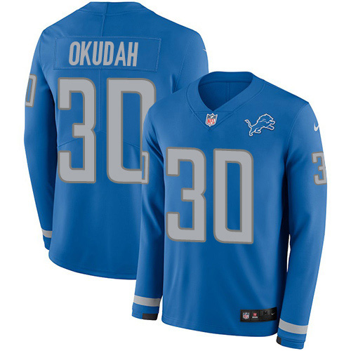 Nike Lions #30 Jeff Okudah Blue Team Color Men's Stitched NFL Limited Therma Long Sleeve Jersey Nike Lions #30 Jeff Okudah Blue Team Color Men's Stitched NFL Limited Therma Long Sleeve Jersey