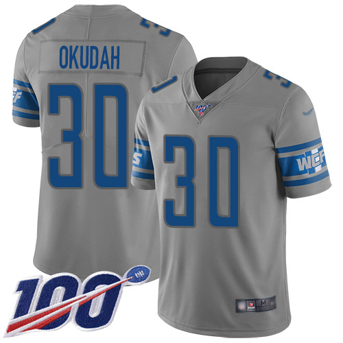 Nike Lions #30 Jeff Okudah Gray Men's Stitched NFL Limited Inverted Legend 100th Season Jersey Nike Lions #30 Jeff Okudah Gray Men's Stitched NFL Limited Inverted Legend 100th Season Jersey