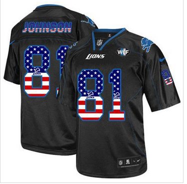 New Detroit Lions #81 Calvin Johnson Black With WCF Patch NFL Elite USA Flag Fashion Jersey
