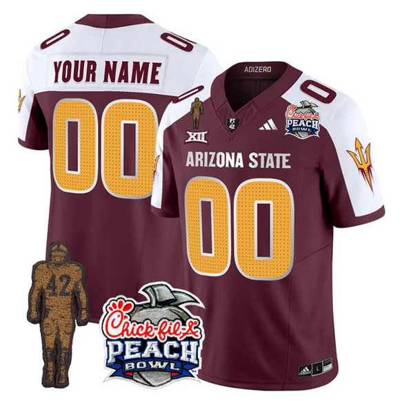Men's Arizona State Sun Devils Active Player Custom Maroon White 2025 F.U.S.E. Pat Tillman & Peach Bowl Patch Vapor Limited Stitched Jersey Men's Arizona State Sun Devils Active Player Custom Maroon White 2025 F.U.S.E. Pat Tillman & Peach Bowl Patch Vapor Limited Stitched Jersey