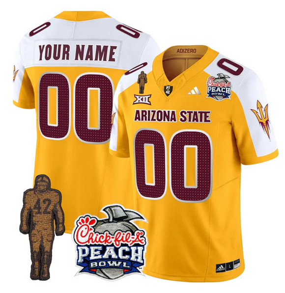 Men's Arizona State Sun Devils Active Player Custom Gold White 2025 F.U.S.E. Pat Tillman & Peach Bowl Patch Vapor Limited Stitched Jersey Men's Arizona State Sun Devils Active Player Custom Gold White 2025 F.U.S.E. Pat Tillman & Peach Bowl Patch Vapor Limited Stitched Jersey
