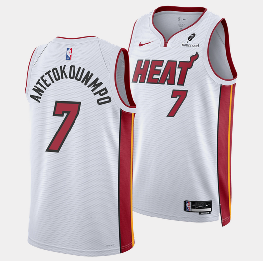Men's Miami Heat #7 Giannis Antetokounmpo White 2026 Association Swingman Stitched Basketball Jersey Men's Miami Heat #7 Giannis Antetokounmpo White 2026 Association Swingman Stitched Basketball Jersey
