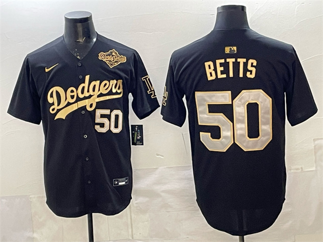 Men's Los Angeles Dodgers #50 Mookie Betts Black Gold 2025 World Series Patch Limited Stitched Baseball Jersey Men's Los Angeles Dodgers #50 Mookie Betts Black Gold 2025 World Series Patch Limited Stitched Baseball Jersey