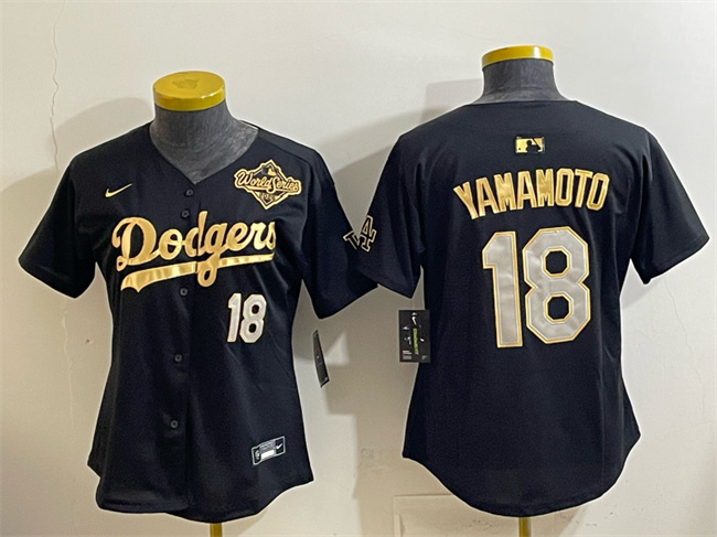 Women's Los Angeles Dodgers #18 Yoshinobu Yamamoto Black Gold 2025 World Series Patch Limited Stitched Baseball Jersey(Run Small) Women's Los Angeles Dodgers #18 Yoshinobu Yamamoto Black Gold 2025 World Series Patch Limited Stitched Baseball Jersey(Run Small)