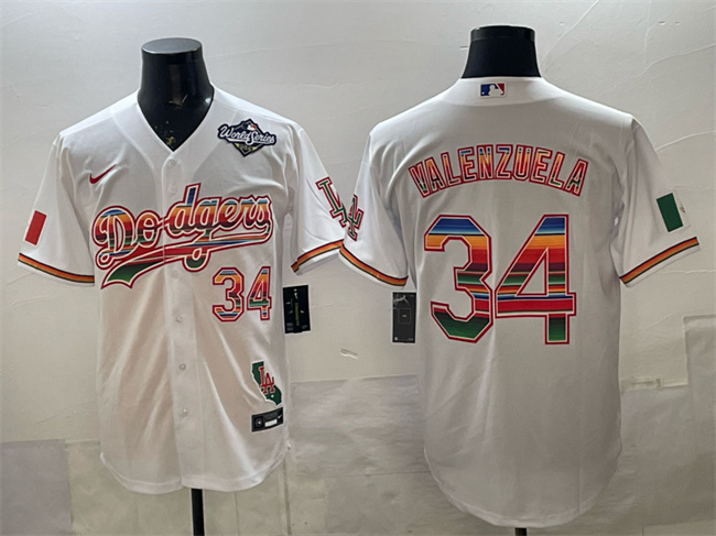 Men's Los Angeles Dodgers #34 Fernando Valenzuela White Mexico California Patch 2025 World Series Patch Stitched Baseball Jersey Men's Los Angeles Dodgers #34 Fernando Valenzuela White Mexico California Patch 2025 World Series Patch Stitched Baseball Jersey