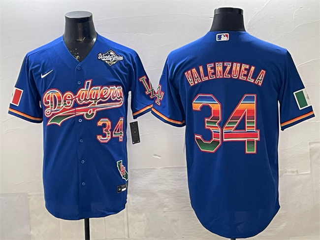 Men's Los Angeles Dodgers #34 Fernando Valenzuela Royal Mexico California Patch 2025 World Series Patch Stitched Baseball Jersey Men's Los Angeles Dodgers #34 Fernando Valenzuela Royal Mexico California Patch 2025 World Series Patch Stitched Baseball Jersey