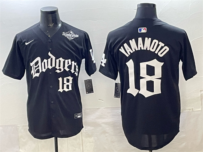 Men's Los Angeles Dodgers #18 Yoshinobu Yamamoto Black 2025 LA Gothic Style With 2025 World Series Patch Vapor Premier Limited Stitched Baseball Jersey Men's Los Angeles Dodgers #18 Yoshinobu Yamamoto Black 2025 LA Gothic Style With 2025 World Series Patch Vapor Premier Limited Stitched Baseball Jersey