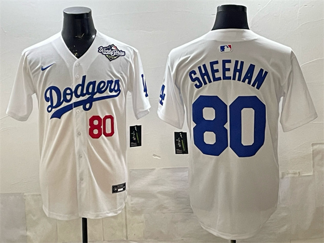 Men's Los Angeles Dodgers #80 Emmet Sheehan White 2025 World Series Patch Limited Stitched Baseball Jersey Men's Los Angeles Dodgers #80 Emmet Sheehan White 2025 World Series Patch Limited Stitched Baseball Jersey