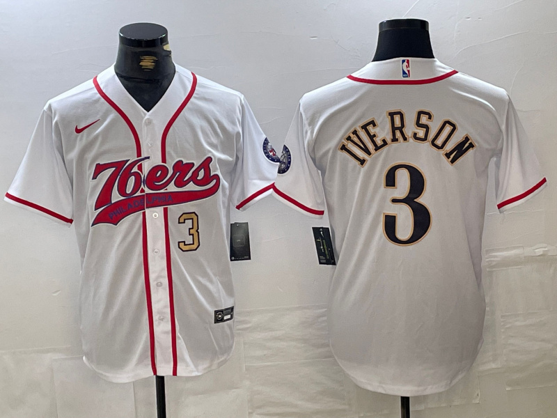 Men's Philadelphia 76ers #3 Allen Iverson White Cool Base Stitched Baseball Jersey 3 Men's Philadelphia 76ers #3 Allen Iverson White Cool Base Stitched Baseball Jersey 3