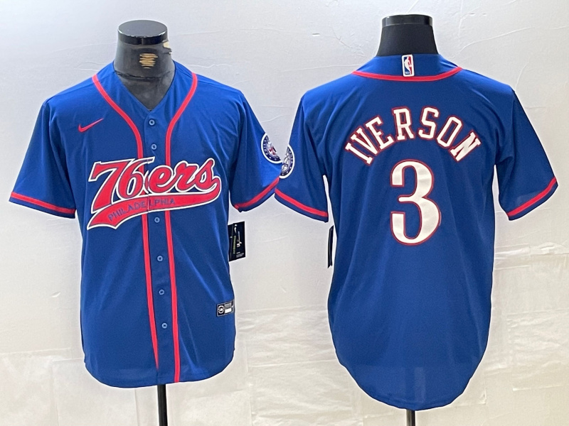 Men's Philadelphia 76ers #3 Allen Iverson Royal Cool Base Stitched Baseball Jersey 2 Men's Philadelphia 76ers #3 Allen Iverson Royal Cool Base Stitched Baseball Jersey 2