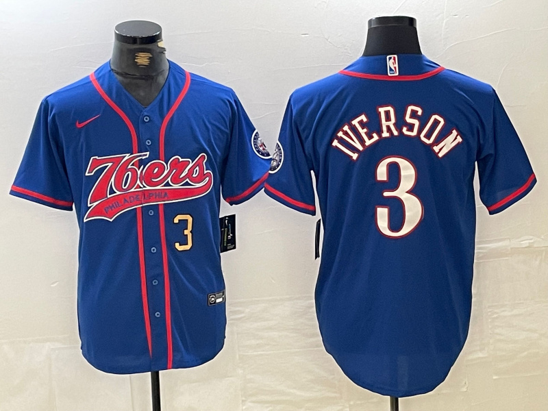 Men's Philadelphia 76ers #3 Allen Iverson Royal Cool Base Stitched Baseball Jersey 1 Men's Philadelphia 76ers #3 Allen Iverson Royal Cool Base Stitched Baseball Jersey 1