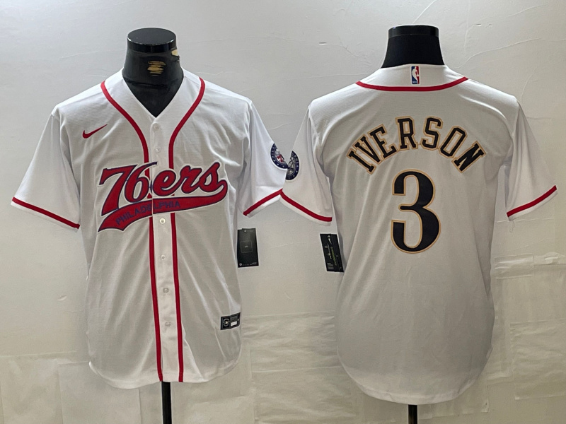 Men's Philadelphia 76ers #3 Allen Iverson White Cool Base Stitched Baseball Jersey Men's Philadelphia 76ers #3 Allen Iverson White Cool Base Stitched Baseball Jersey